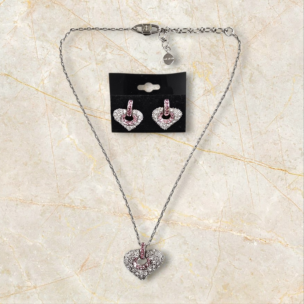 Givenchy Silver and Pink Heart Necklace and Earring Set